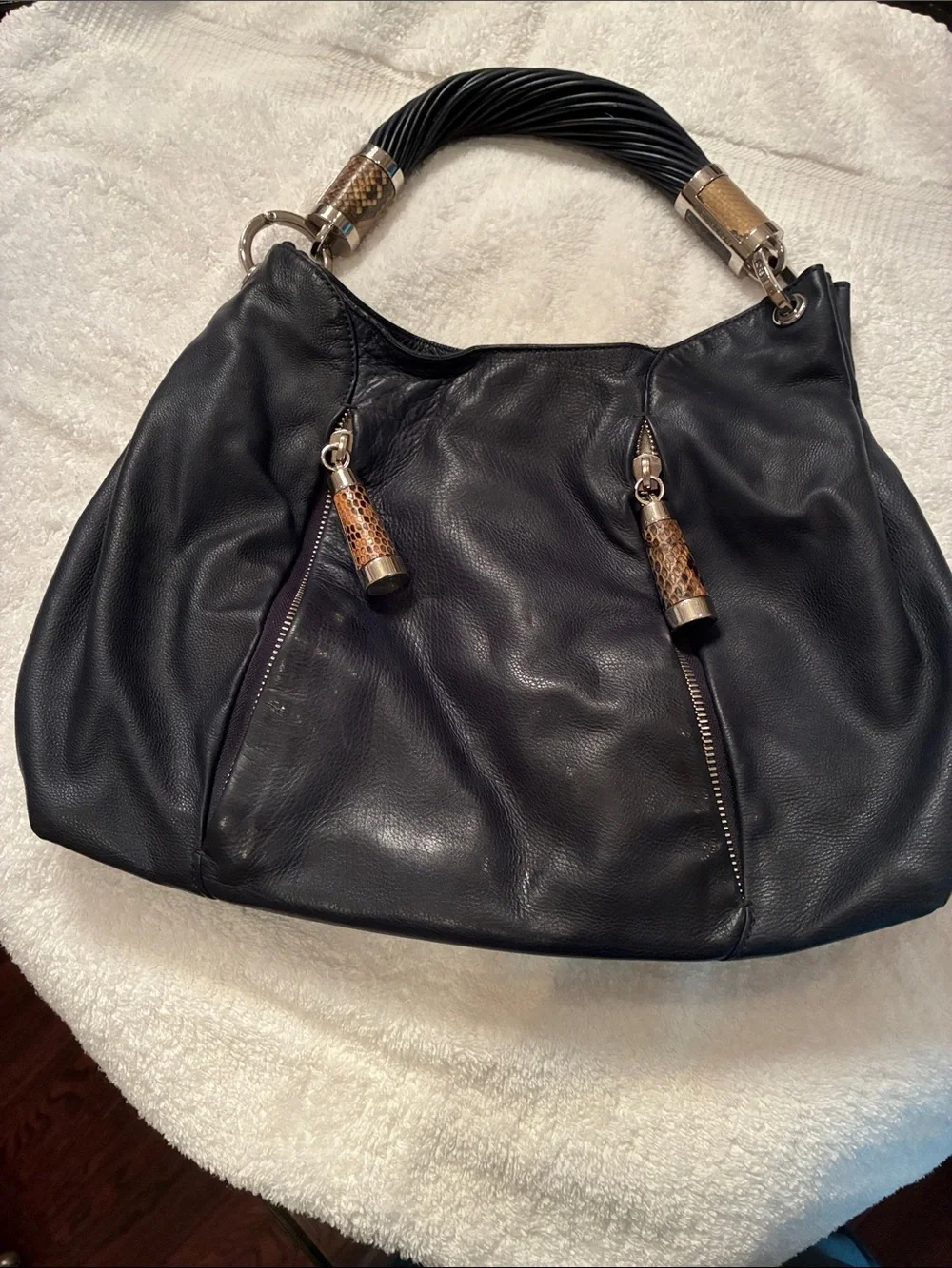 Michael Kors Black Leather Shoulder Hobo with Textured Accents